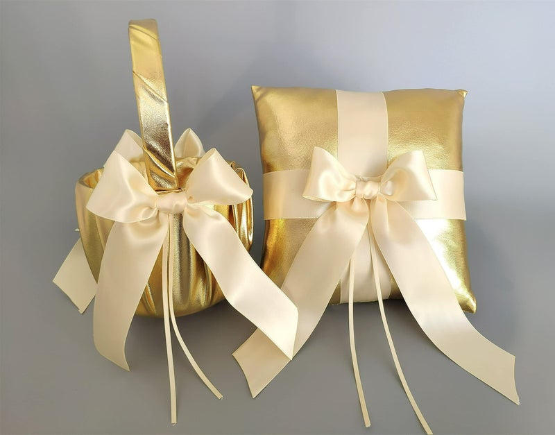 Uwedding Flower Girl Basket and Ring Bearer Pillow with Satin Ribbon Bow Decor Wedding Ceremony Anniversary Vow Renewal Party Favor-Gold & Beige Basket - Image 4