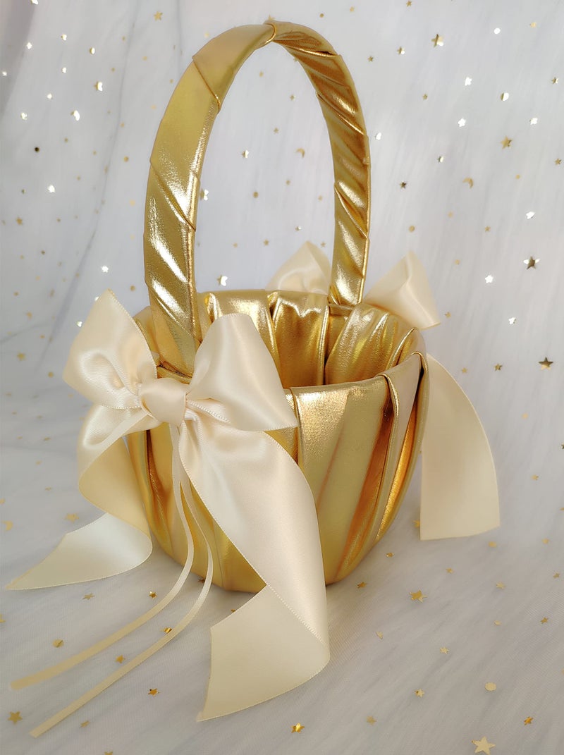 Uwedding Flower Girl Basket and Ring Bearer Pillow with Satin Ribbon Bow Decor Wedding Ceremony Anniversary Vow Renewal Party Favor-Gold & Beige Basket - Image 2