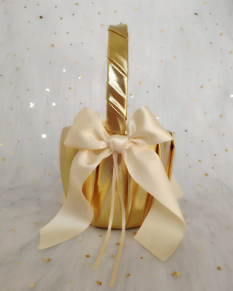 Uwedding Flower Girl Basket and Ring Bearer Pillow with Satin Ribbon Bow Decor Wedding Ceremony Anniversary Vow Renewal Party Favor-Gold & Beige Basket - Image 1