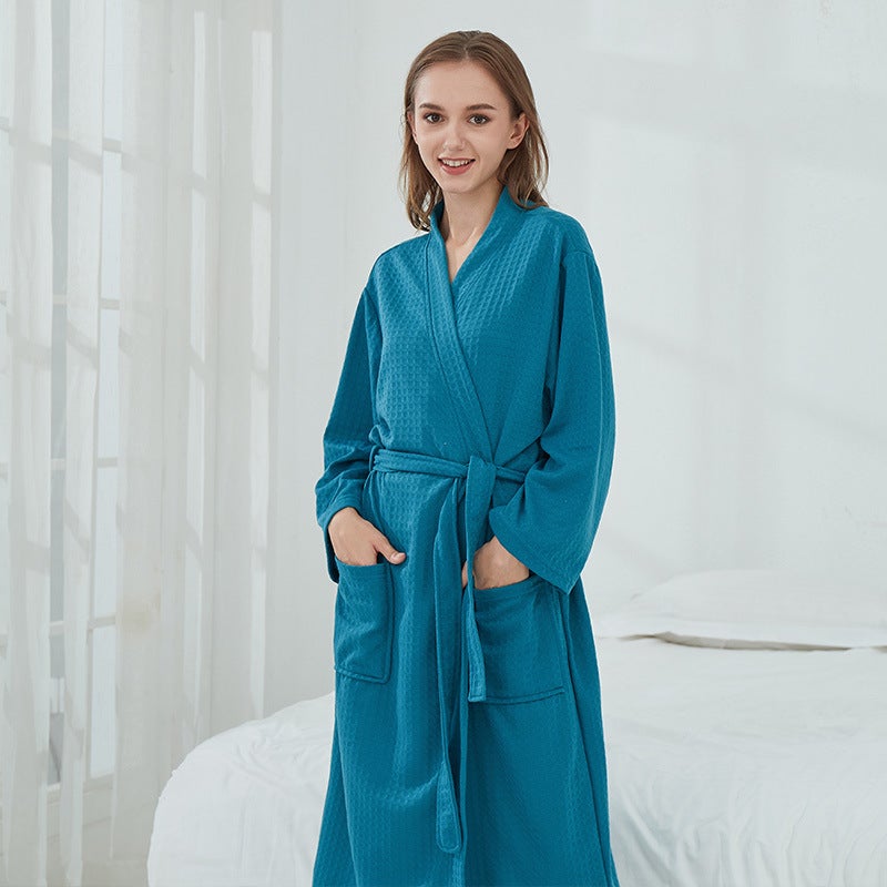 Long Thin Summer Couples Sleepwear Waffle Pattern Robe Mens Steam Bathing Suit Womens Comfortable Leisure Home Wear V-neck Polyester Fiber Spruce green waffle (unisex) 