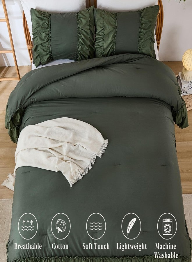 Herside Olive Green Cotton Comforter Queen Size,Boho Ruffle Bedding Set,2 Layers Ruffles Fluffy Vintage Comforter Home Decor,Farmhouse 3 Pcs Soft and Breathable Lightweight Quilt Set for Women Girls - Image 5