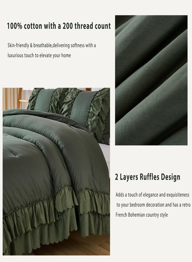 Herside Olive Green Cotton Comforter Queen Size,Boho Ruffle Bedding Set,2 Layers Ruffles Fluffy Vintage Comforter Home Decor,Farmhouse 3 Pcs Soft and Breathable Lightweight Quilt Set for Women Girls - Image 2
