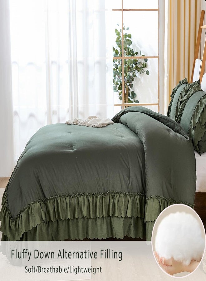 Herside Olive Green Cotton Comforter Queen Size,Boho Ruffle Bedding Set,2 Layers Ruffles Fluffy Vintage Comforter Home Decor,Farmhouse 3 Pcs Soft and Breathable Lightweight Quilt Set for Women Girls - Image 4
