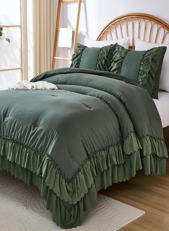 Herside Olive Green Cotton Comforter Queen Size,Boho Ruffle Bedding Set,2 Layers Ruffles Fluffy Vintage Comforter Home Decor,Farmhouse 3 Pcs Soft and Breathable Lightweight Quilt Set for Women Girls - Image 1