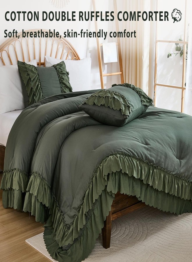Herside Olive Green Cotton Comforter Queen Size,Boho Ruffle Bedding Set,2 Layers Ruffles Fluffy Vintage Comforter Home Decor,Farmhouse 3 Pcs Soft and Breathable Lightweight Quilt Set for Women Girls - Image 3
