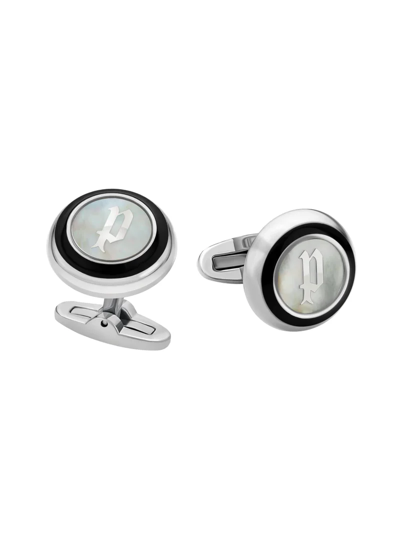 Police Mens Stainless Steel Cufflinks With Black Center Mother of Pearl & P Logo
