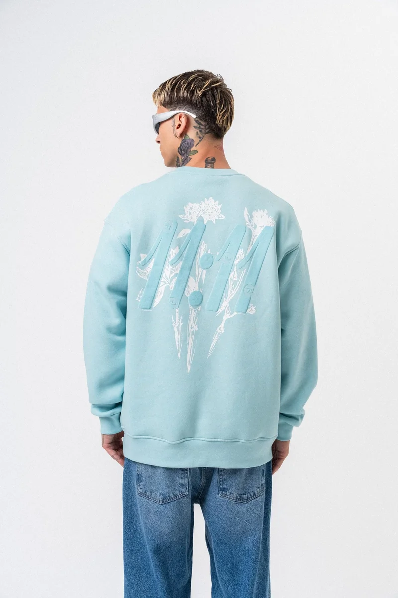RESPIRE Men's 11.11 Printed Crew Neck Oversize Sweatshirt Baby Blue