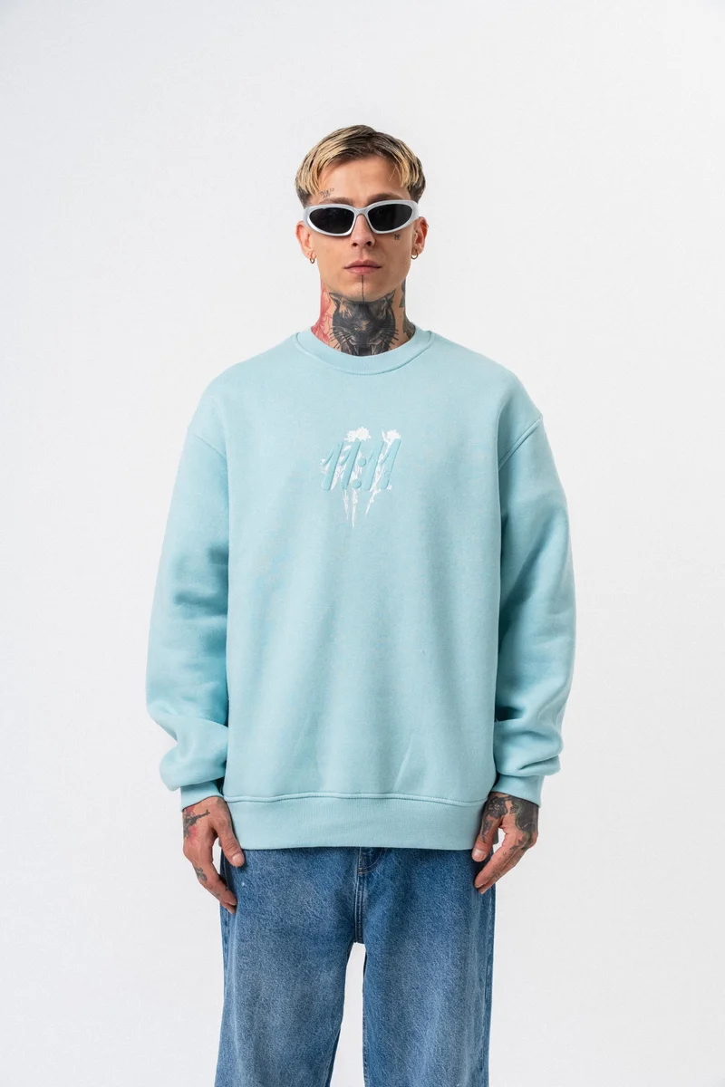 ريسباير سويت شيرت رجالي واسع (Oversize) بياقة دائرية ومطبوع بعبارة "11.11" لون أزرق فاتح