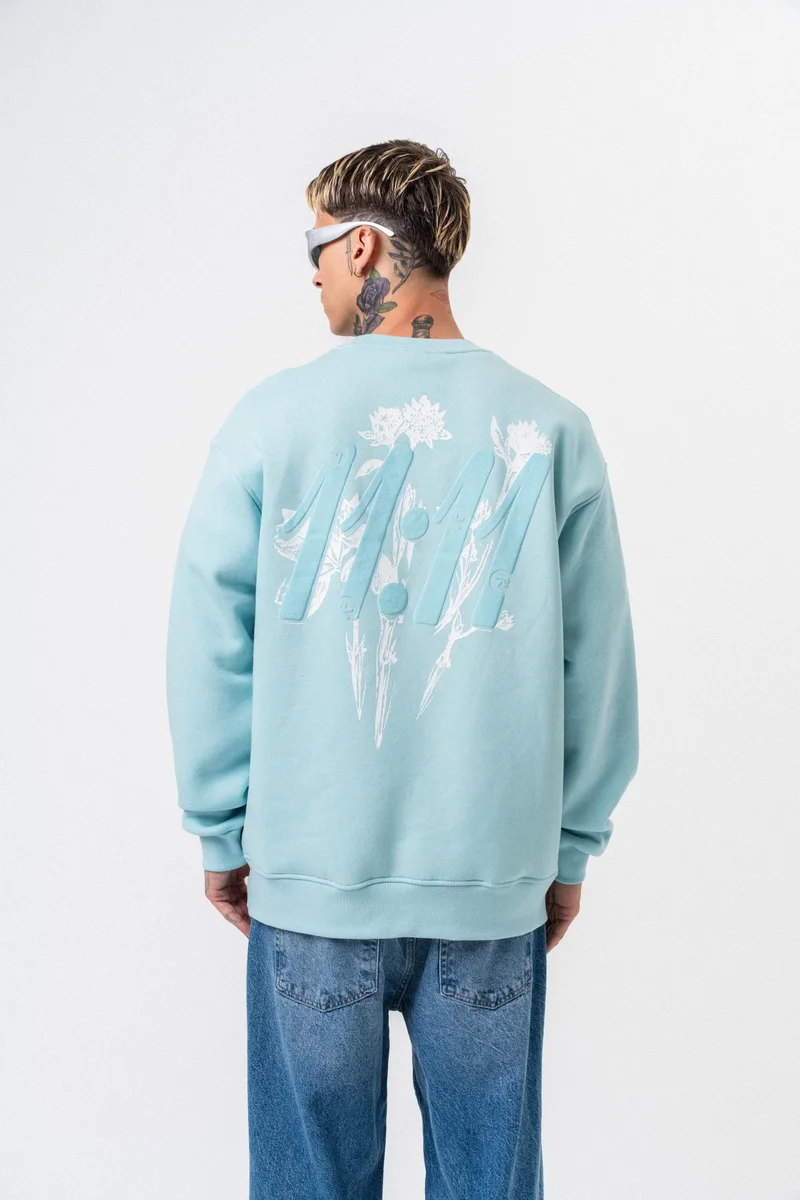 ريسباير سويت شيرت رجالي واسع (Oversize) بياقة دائرية ومطبوع بعبارة "11.11" لون أزرق فاتح