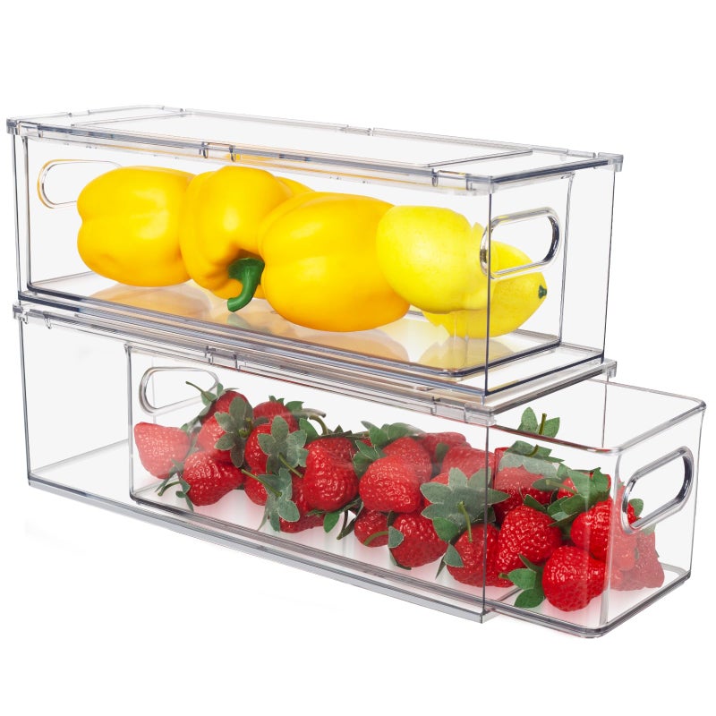Abiudeng Abiudeng 2 Pack Stackable Refrigerator Organizer Bins with Pullout Drawer Drawable Clear Fridge Drawer Organizer with Handle Plastic Kitchen Pantry Storage Containers 