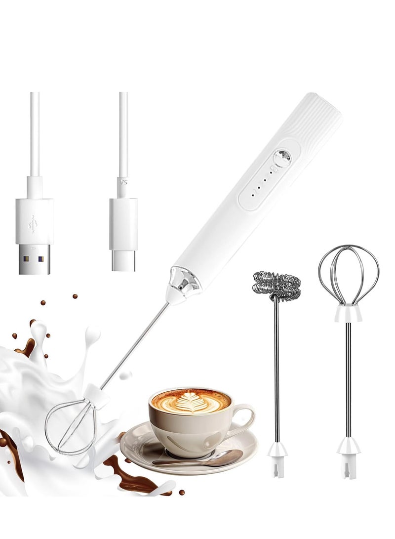 Powerful Electric Milk Frother for Coffee, Rechargeable Milk Frother, 3 Speed and 2 Head Handheld Frother, Blender for Frappe, Latte, Cappuccino, Matcha White  - Image 1