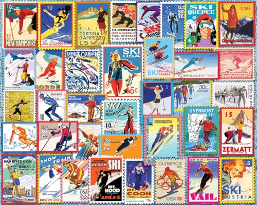 White Mountain 1000 Piece Jigsaw Puzzle Winter Christmas Holiday Puzzles for Adults and Teens 24x30 Large Pieces Ski Stamps - Image 1