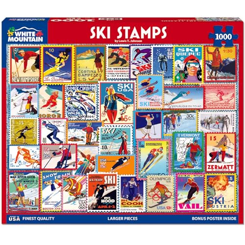 White Mountain 1000 Piece Jigsaw Puzzle Winter Christmas Holiday Puzzles for Adults and Teens 24x30 Large Pieces Ski Stamps - Image 5