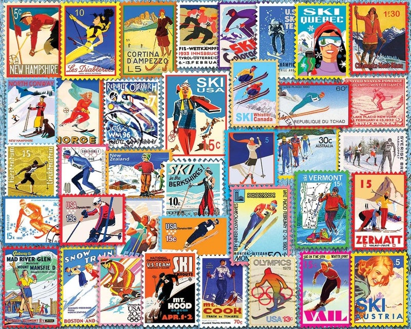 White Mountain 1000 Piece Jigsaw Puzzle Winter Christmas Holiday Puzzles for Adults and Teens 24x30 Large Pieces Ski Stamps - Image 3