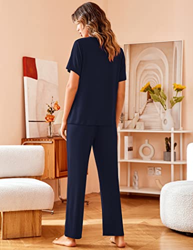 Avidlove Women Pajamas Set Notch Collar Soft Sleepwear Pjs Short Sleeve Button Down Nightwear with Long Pants Navy Blue - Image 4