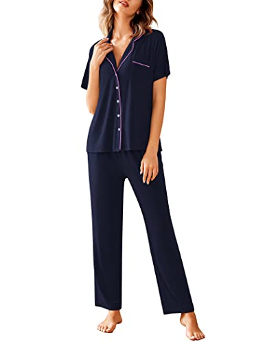 Avidlove Women Pajamas Set Notch Collar Soft Sleepwear Pjs Short Sleeve Button Down Nightwear with Long Pants Navy Blue - Image 1