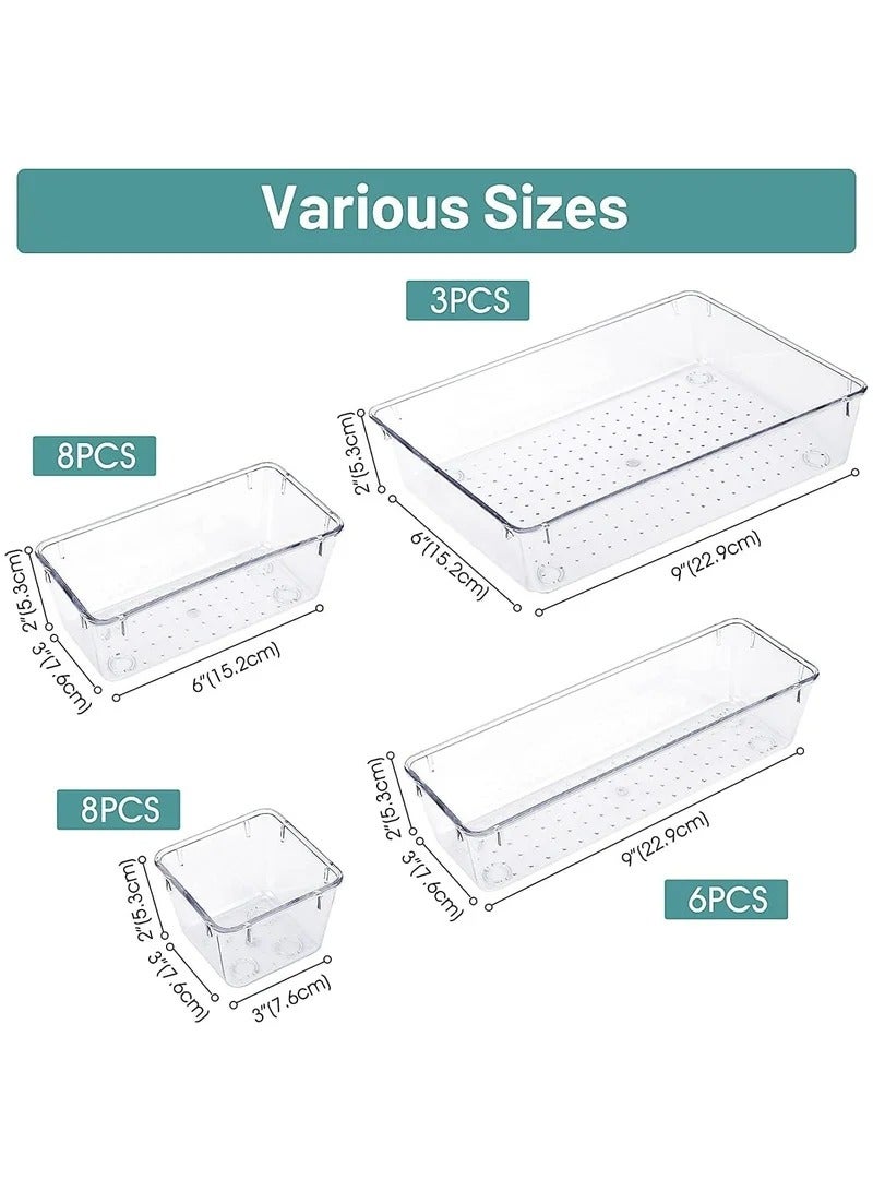 rayze 25 PCS Clear Plastic Drawer Organizers Set, 4-Size Versatile Bathroom and Vanity Drawer Organizer Trays, Storage Bins for Makeup, Bedroom, Kitchen Gadgets Utensils and Office - Image 3