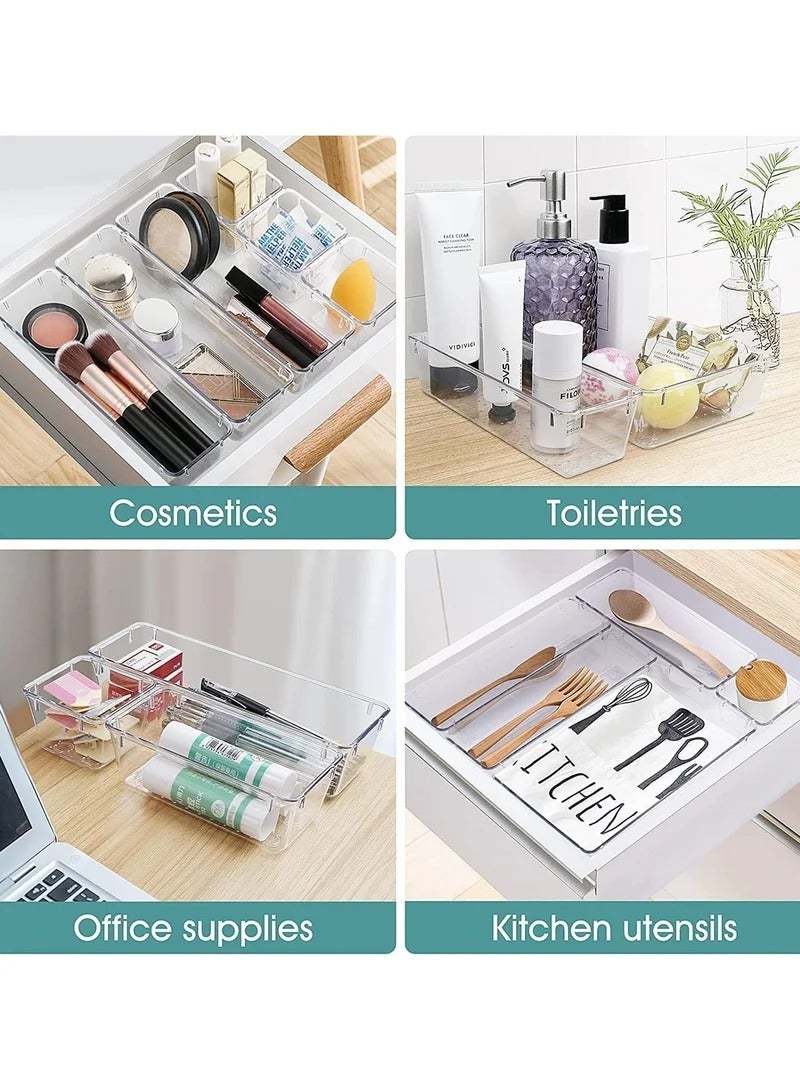 rayze 25 PCS Clear Plastic Drawer Organizers Set, 4-Size Versatile Bathroom and Vanity Drawer Organizer Trays, Storage Bins for Makeup, Bedroom, Kitchen Gadgets Utensils and Office - Image 4