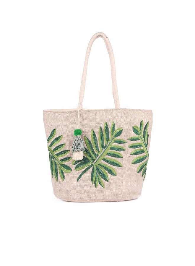 ASTRID Women's Embroidered Leaf Tote Bag (Green) - Image 1