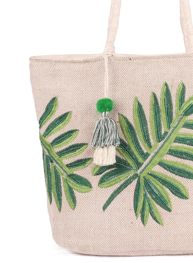 ASTRID Women's Embroidered Leaf Tote Bag (Green) - Image 4