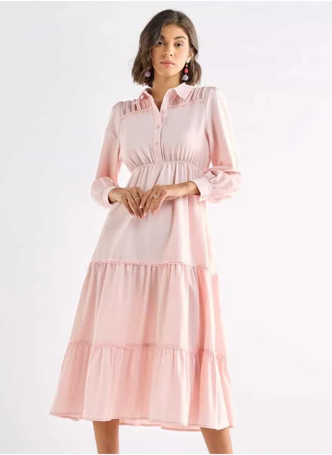 FAV Solid Tiered Midi Dress with Puff Sleeves and Collar