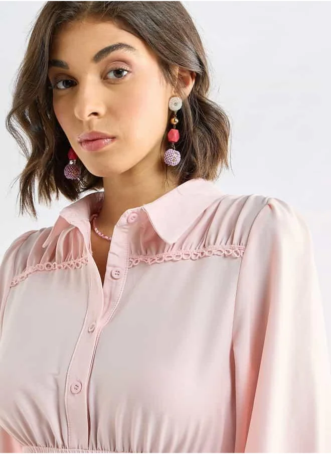 FAV Solid Tiered Midi Dress with Puff Sleeves and Collar