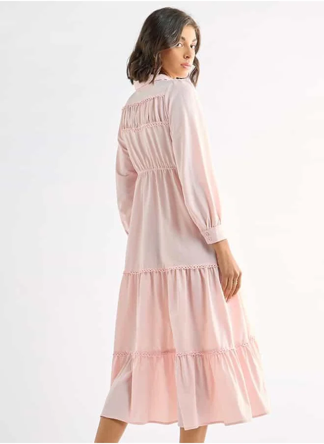 FAV Solid Tiered Midi Dress with Puff Sleeves and Collar