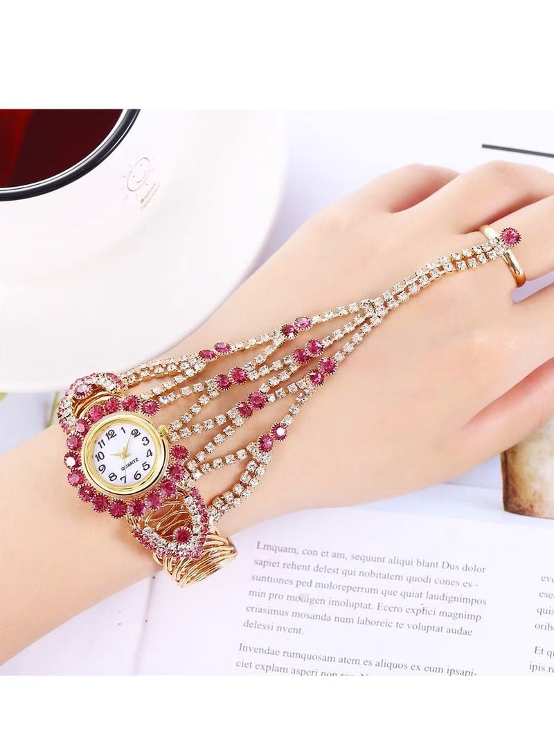 QUARTZ Women's Watch Khorasan Trendy Women's Full Diamond Claw Chain Ring Set Watch - Image 1