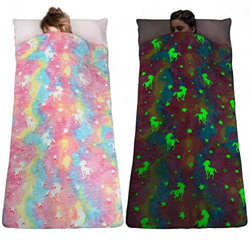 TANOSHII Kids Sleeping Bags Glow in The Dark Slumber Bag for Kids Toddler Nap Mat with Pillow and Blanket for Sleepover Daycare Preschool 62 x 28 Unicorn - Image 1