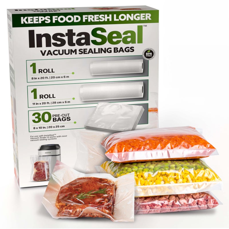 Emson InstaSeal Vacuum Sealer Bags for Food 1 Roll 8 x 20 Ft  1 Roll 11 x 20 Ft  30 Pre Cut Vacuum Seal Bags for Food Works with MOST Vacuum Sealer Machines Helps Keep Food Fresher Longer