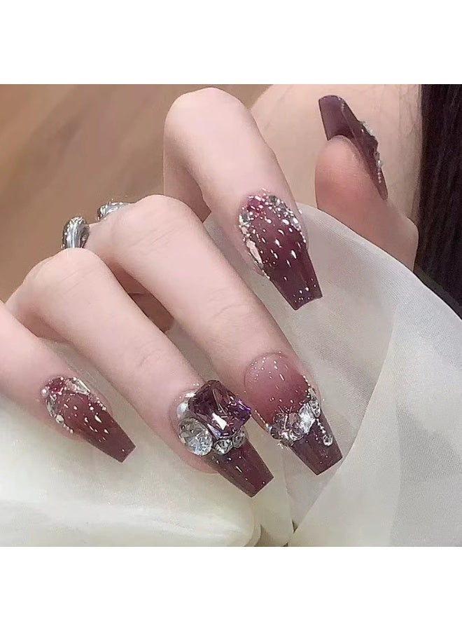 Goolsky Blackcurrant Sauce Bling 3D Press - on Nails with Handmade Diamonds for Luxury Glam Occasions - Image 1