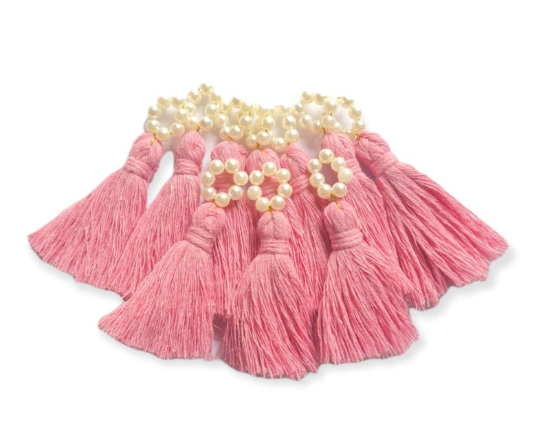 Zippy Flora mini Cotton Tassels with Pearls for Saree/Blouse/Dupatta/DIY/Decor, Pack of 10 (Baby Pink) - Image 1