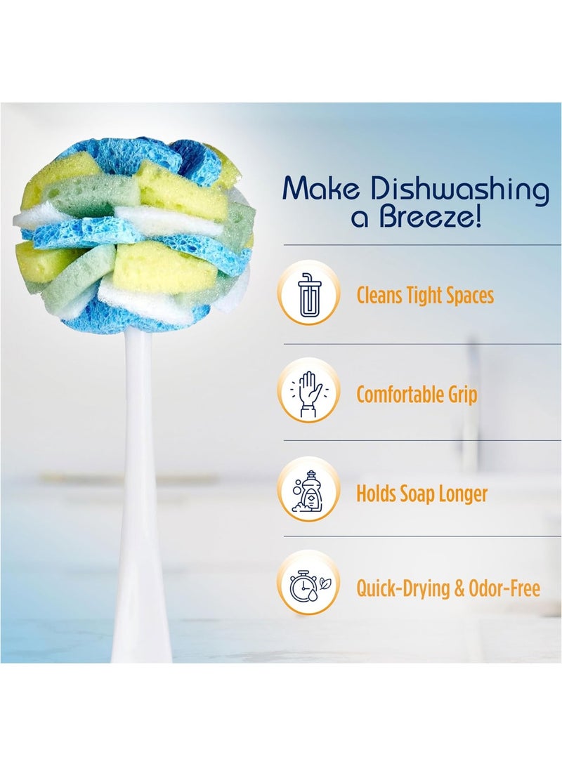 Compac Home Dish SpongeWand Plus Tri Surface Scrubbing Sponge with Cello Foam Scour Sponge Petals, Cleans Dishes, Glassware 360 Scrubber Pads for Tough to Clean Pots Pans, Multi-Color, (Pack of 6) - Image 5