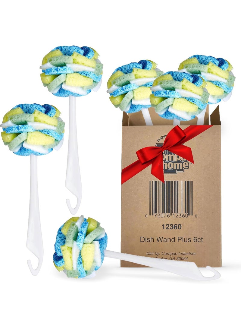 Compac Home Dish SpongeWand Plus Tri Surface Scrubbing Sponge with Cello Foam Scour Sponge Petals, Cleans Dishes, Glassware 360 Scrubber Pads for Tough to Clean Pots Pans, Multi-Color, (Pack of 6) - Image 1