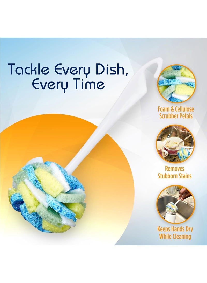 Compac Home Dish SpongeWand Plus Tri Surface Scrubbing Sponge with Cello Foam Scour Sponge Petals, Cleans Dishes, Glassware 360 Scrubber Pads for Tough to Clean Pots Pans, Multi-Color, (Pack of 6) - Image 2