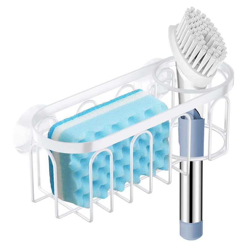 Yazoni 2-in-1 Sponge Holder for Kitchen Sink, Sink Caddy Kitchen Sink Organizer with 3 Suction Cups, No Drill Rustproof Sink Sponge Holder for Dish Brush, Soap & Sponge (White) - Image 1