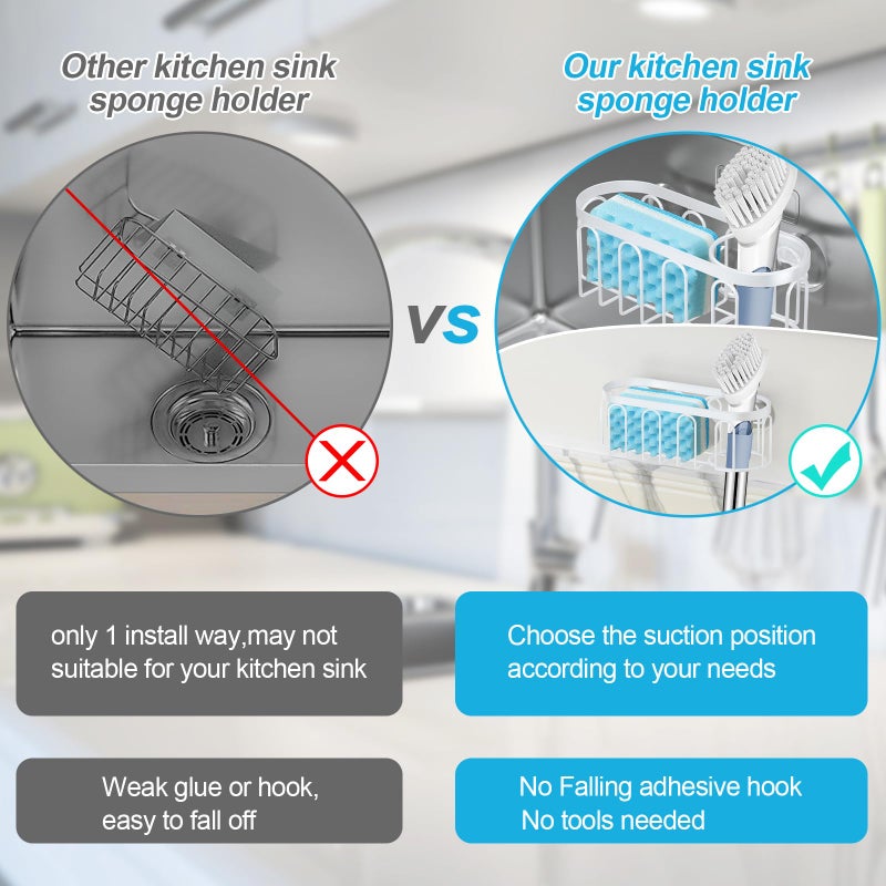 Yazoni 2-in-1 Sponge Holder for Kitchen Sink, Sink Caddy Kitchen Sink Organizer with 3 Suction Cups, No Drill Rustproof Sink Sponge Holder for Dish Brush, Soap & Sponge (White) - Image 3