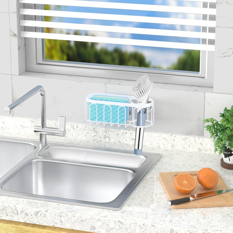 Yazoni 2-in-1 Sponge Holder for Kitchen Sink, Sink Caddy Kitchen Sink Organizer with 3 Suction Cups, No Drill Rustproof Sink Sponge Holder for Dish Brush, Soap & Sponge (White) - Image 4