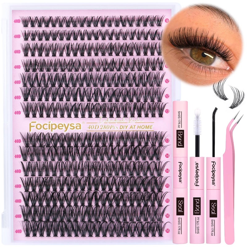 Focipeysa Eyelash Extension Kit D Curl Lash Clusters 280pcs DIY Lash Extension Kit 40D Individual Lashes with Lash Bond and Seal Lash Applicator DIY Lashes Kit for Individual Eyelashes Beginners - Image 1