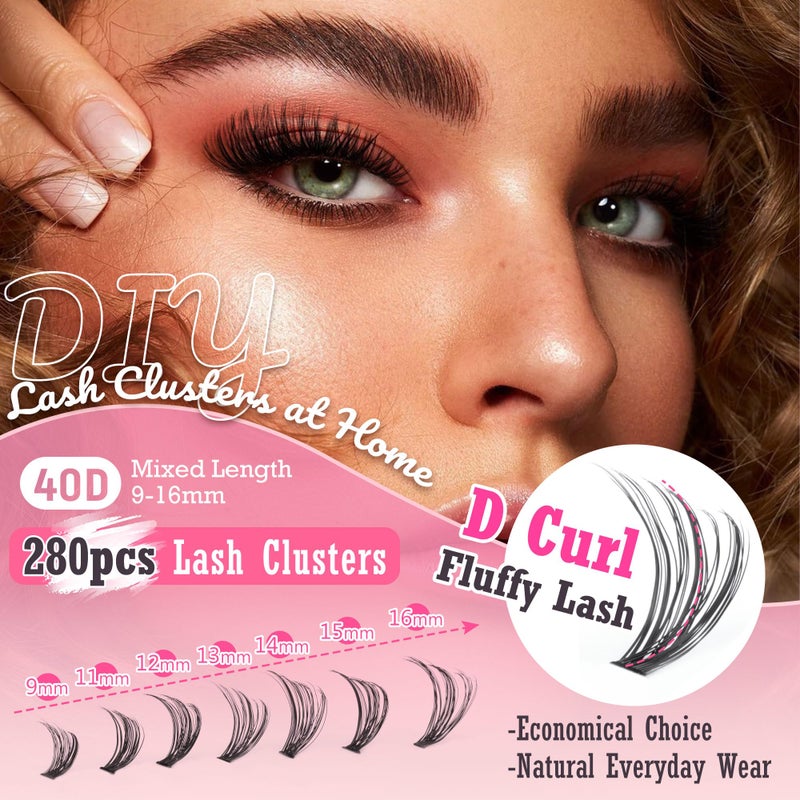Focipeysa Eyelash Extension Kit D Curl Lash Clusters 280pcs DIY Lash Extension Kit 40D Individual Lashes with Lash Bond and Seal Lash Applicator DIY Lashes Kit for Individual Eyelashes Beginners - Image 4