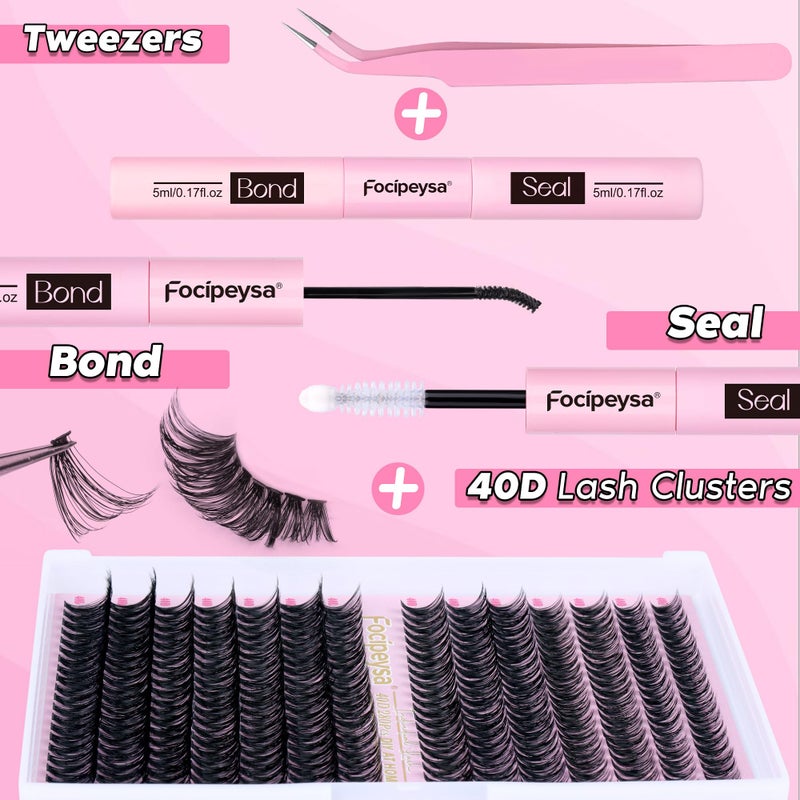 Focipeysa Eyelash Extension Kit D Curl Lash Clusters 280pcs DIY Lash Extension Kit 40D Individual Lashes with Lash Bond and Seal Lash Applicator DIY Lashes Kit for Individual Eyelashes Beginners - Image 3