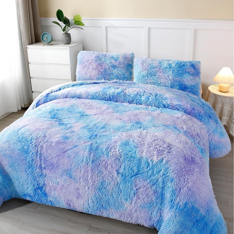 PERFEMET 3 Pcs Blue Plush Shaggy Comforter Queen Size Tie Dye Long Faux Fur Rainbow Bedding Set for Girls Ultra Soft Warm Fluffy Furry Bed SetsBlue Queen