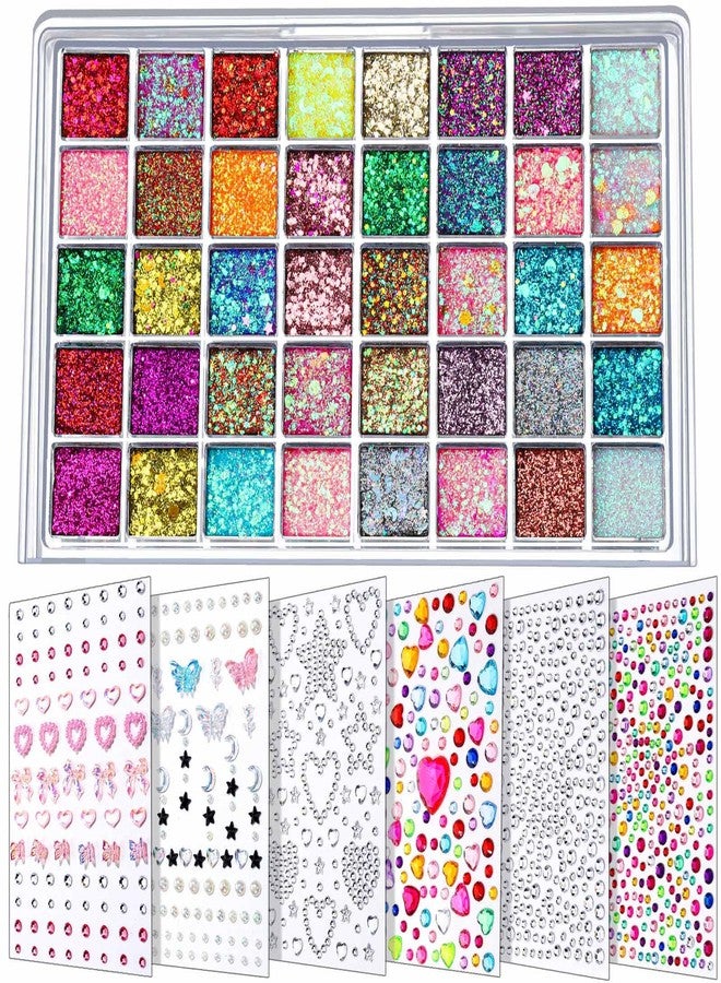 FANDAMEI Face Glitter Face Gems, 40 Colors Glitter Gel Palette with 6 Sheets Self Adhesive Hair Gems, Face Jewels for Women. Face Rhinestones Pearls for Women Kids, Body Hair Glitter - Image 1