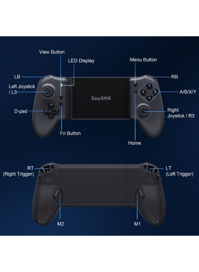 general Professional Gamepad EasySMX M15 Mobile Gaming Controller for Android/iPhone 15 Series Cloud Gaming XBOX/PS/Steam Link/Arcade/Google Play/Luna/ Game Pass with Hall Trigger/Joysticks 6-level Adjustable Vibration 2 Mappable Back Buttons Mechanical Buttons Ergonomics Grip Anti-Slip Texture 400mAh Battery Stretchable Dimension:102mm-176mm - Image 5