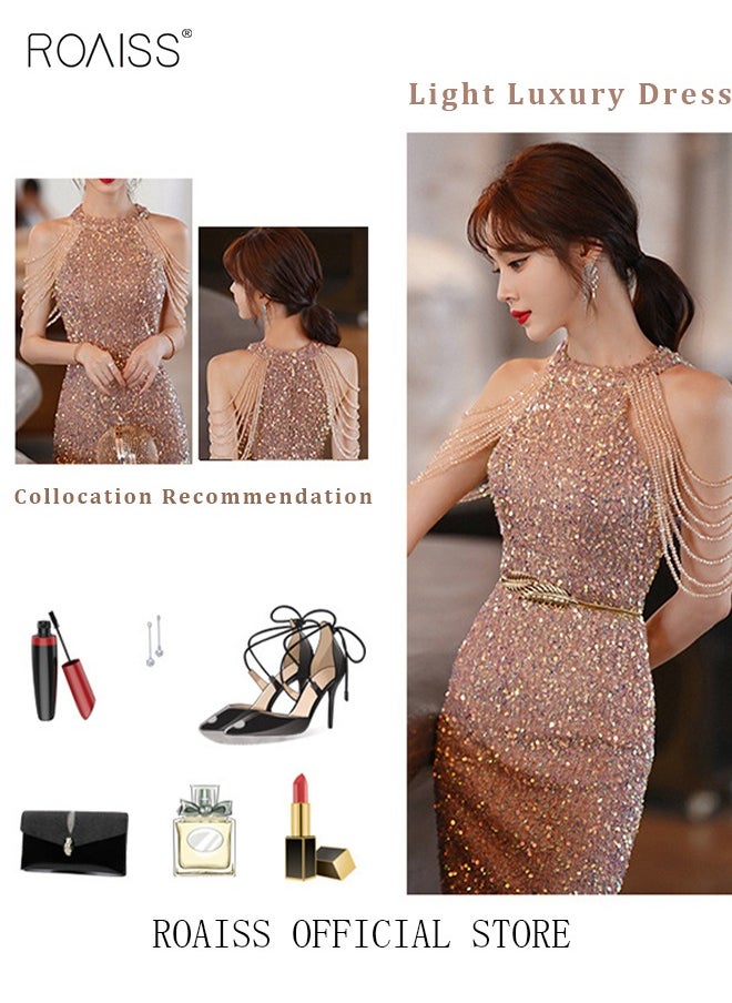roaiss - Banquet Party Dress for Women Evening Dresses Halter Neck Sequins Short-Length Sleeveless Prom Ball Gown Wedding Elegant Slim Formal Dresses Bridesmaid Dress - Image 1