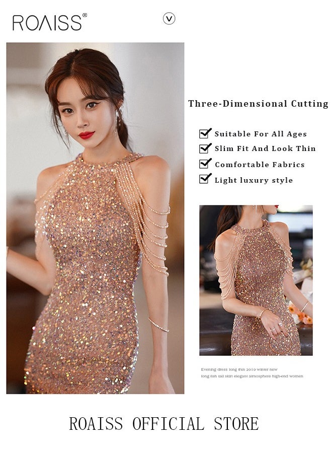 roaiss - Banquet Party Dress for Women Evening Dresses Halter Neck Sequins Short-Length Sleeveless Prom Ball Gown Wedding Elegant Slim Formal Dresses Bridesmaid Dress - Image 1
