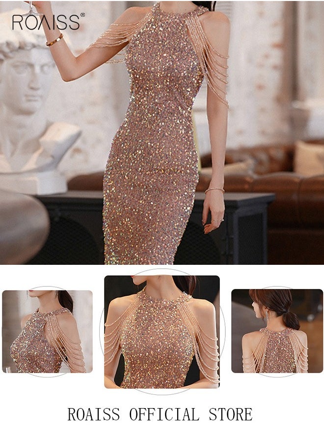 roaiss - Banquet Party Dress for Women Evening Dresses Halter Neck Sequins Short-Length Sleeveless Prom Ball Gown Wedding Elegant Slim Formal Dresses Bridesmaid Dress - Image 1