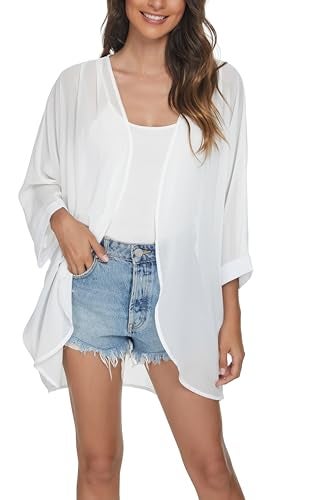 olrain Women's Floral Print Sheer Chiffon 3/4 Bat Sleeve Casual Loose Kimono Cardigan Capes (Large, White-2) - Image 1