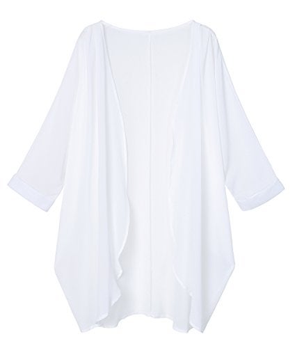 olrain Women's Floral Print Sheer Chiffon 3/4 Bat Sleeve Casual Loose Kimono Cardigan Capes (Large, White-2) - Image 3