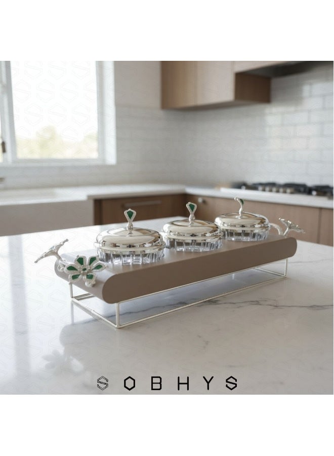 SOBHYS Emerald Flora 3-Bowl Luxury Serving Tray - Silver & Enamel - 42cm - Image 3